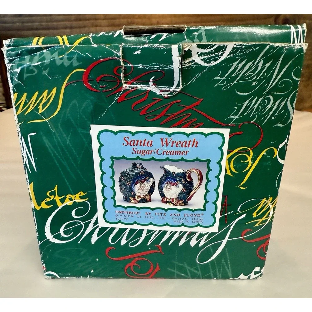 Rare Fitz & Floyd  Omnibus Santa Wreath Sugar & Creamer Set‎ - 4